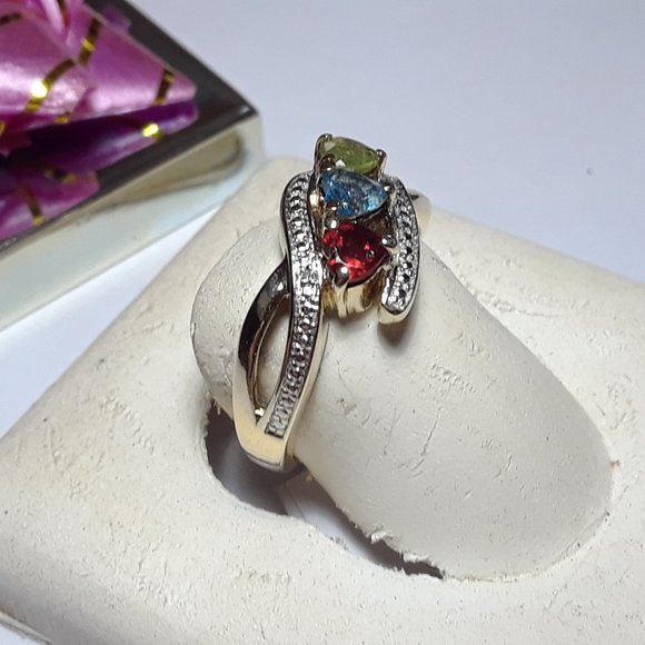 Estate .70cttw Heart Cut Multi Gem & Diam cross over 10Kt Yellow Gold Ring#16247